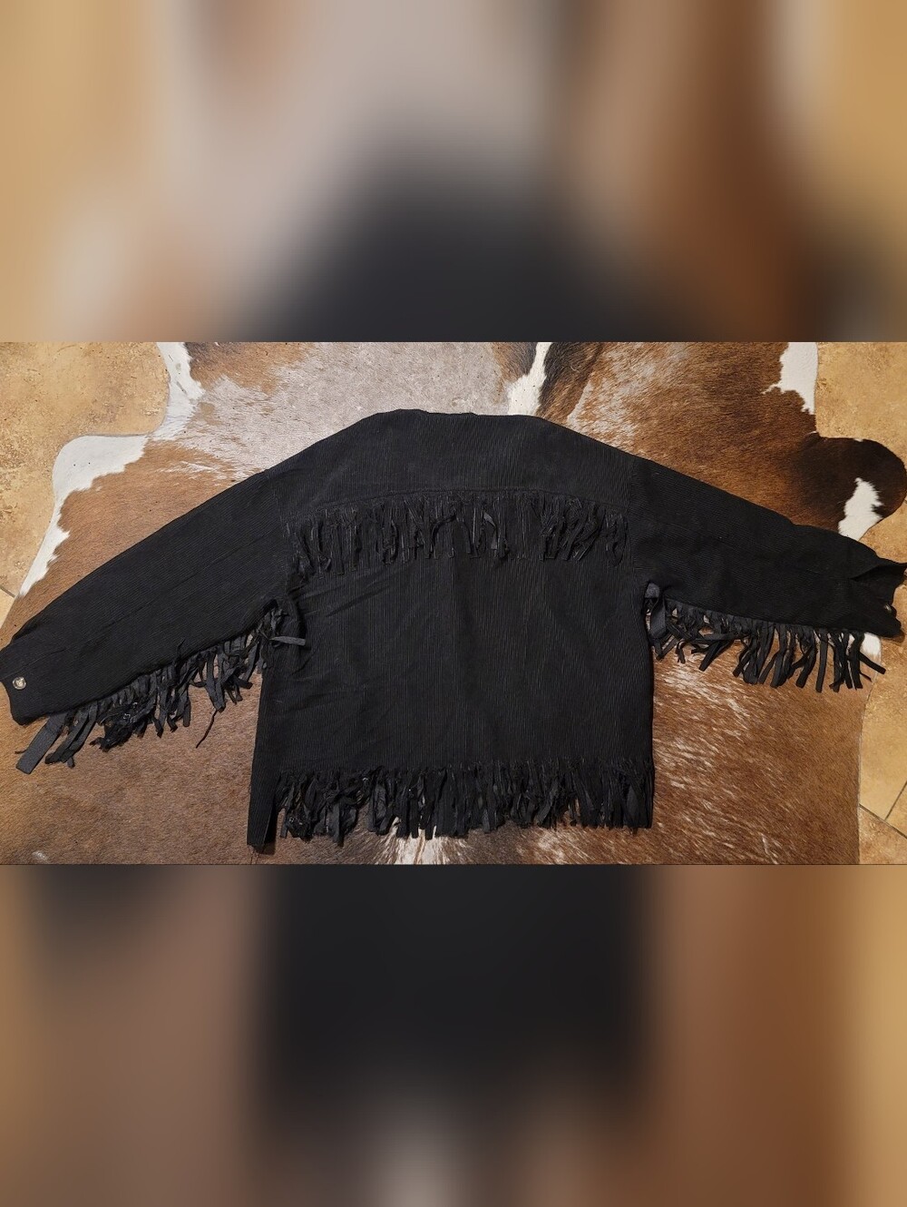 Woman's Plus Size Black Corduroy Fringe Button-Up Jacket - Picture 2 of 2